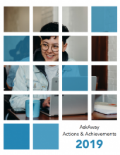 Image of the cover of the AskAway Actions & Achievements 2019 Report: A photo of a person smiling and working on a laptop.