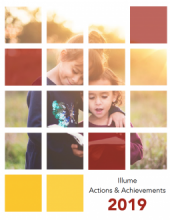 Cover of Illume Actions & Achievements 2019 report; image shows two young children reading a book outside in a field.