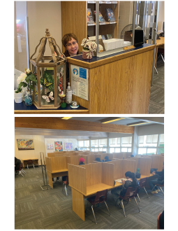 Top photograph: library front desk staff member smiling. Bottom photo: Students work at study carrels in the Coquitlam College Library